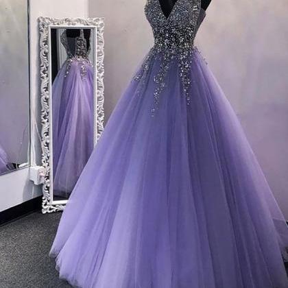 Women A-line/princess Tulle Beading Prom Dresses..