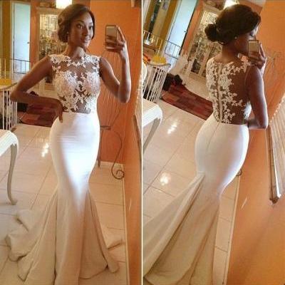 Women's Gorgeous Mermaid Prom Dresses Sexy White Lace Appliques Ruffles Floor Length Evening Gown For Wedding PD111