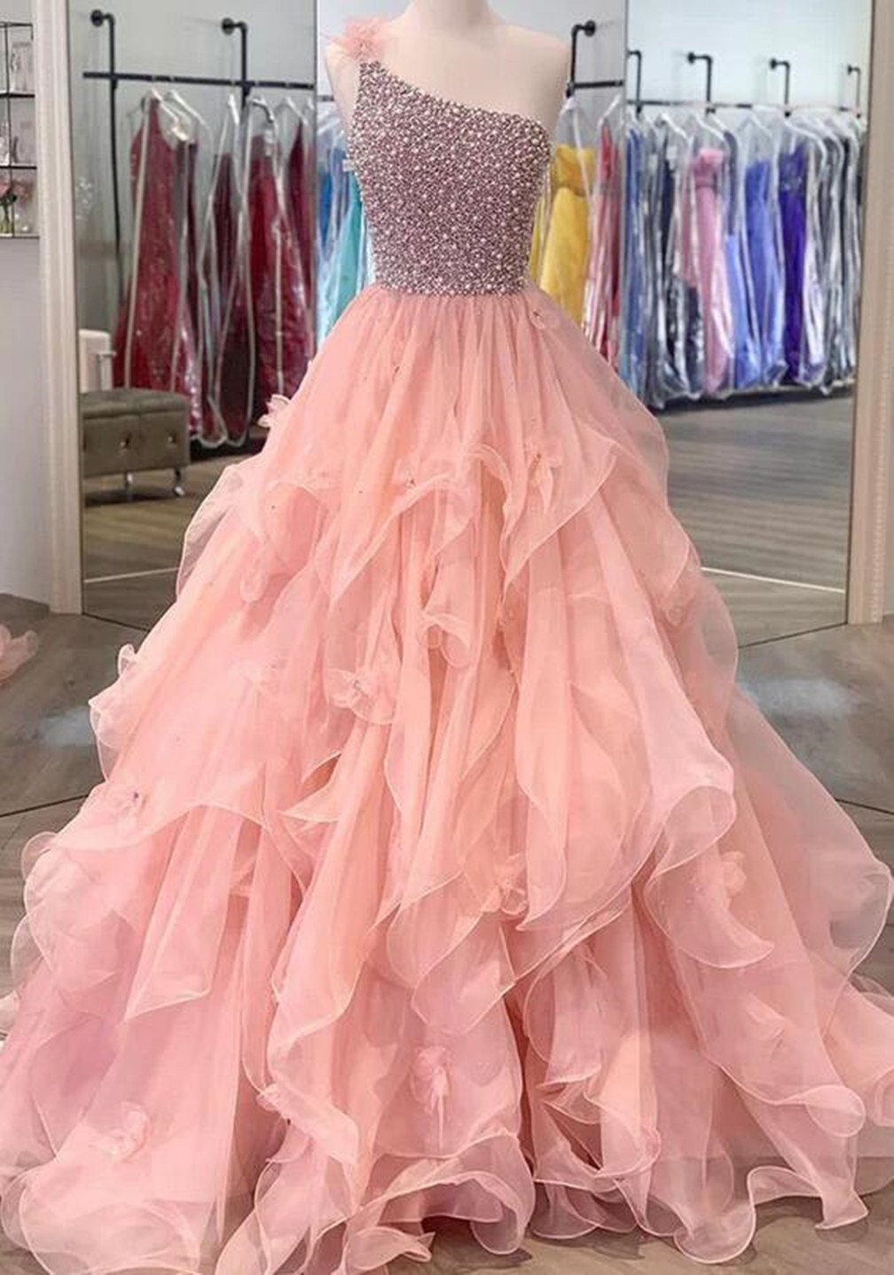 Women A-line Princess Beaded Prom Dresses Long One Shoulder Evening Gowns Tulle Formal Party Dress Yp007