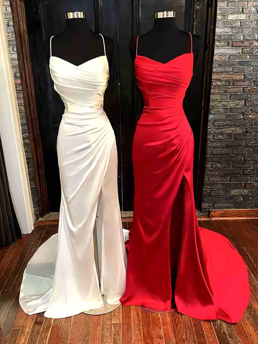 Women Sheath Satin Prom Dresses Long Spaghetti Straps Evening Gowns Sleeveless Formal Party Dress Yp012