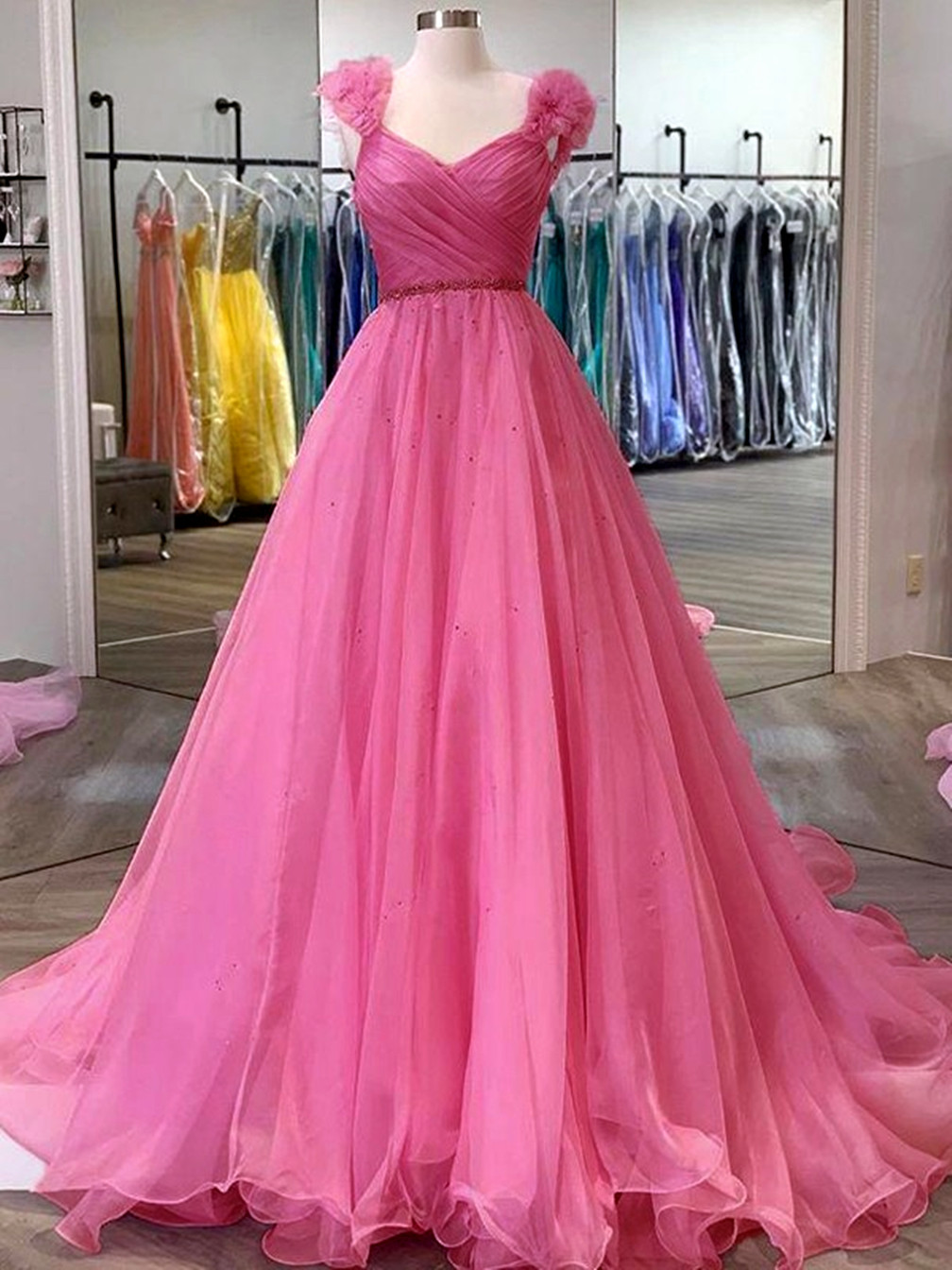 Women A-line/princess Prom Dresses Long Organza V-neck Evening Gowns Sleeveless Formal Party Dress Yp020