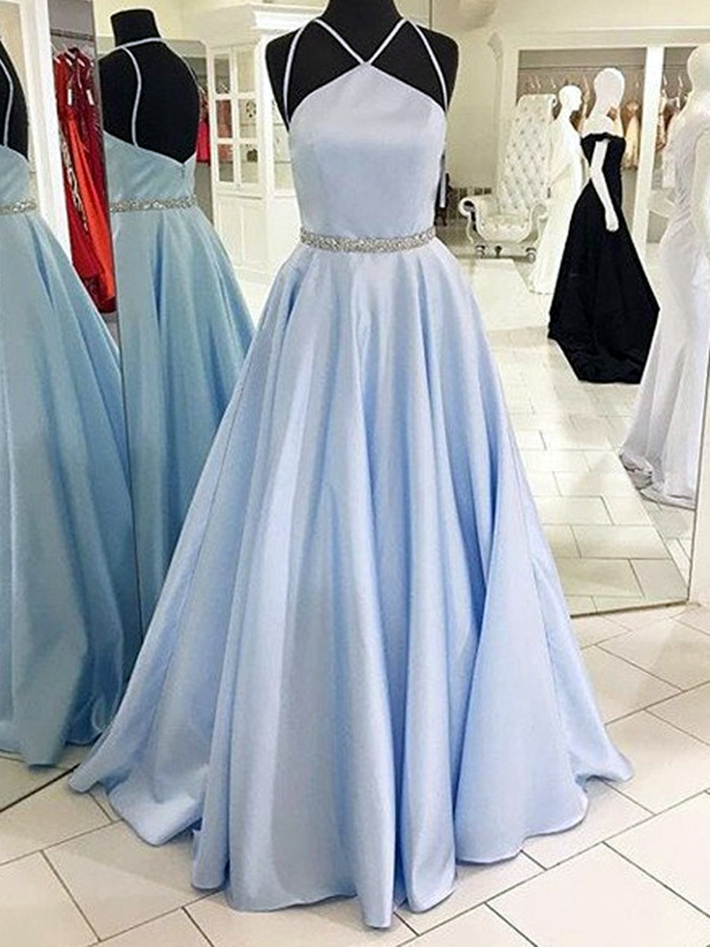 Women A-line/princess Satin Prom Dresses Long Halter Evening Party Gowns Sleeveless Formal Dress Yp035