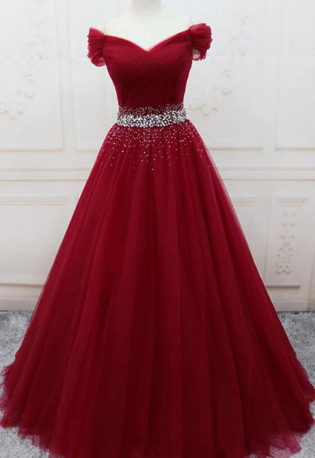 Women V-neck Tulle Beaded Prom Dresses Long A-line Beading Evening Party Gowns Sleeveless Formal Dress Yp041