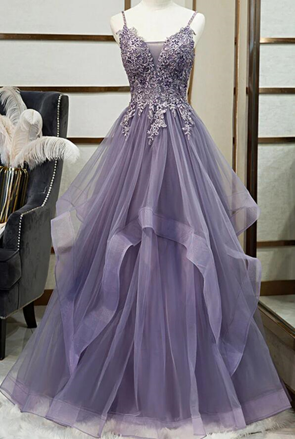 Women Tulle Lace Prom Dresses Long A-line Appliques Evening Party Gowns Sleeveless Formal Dress Yp045