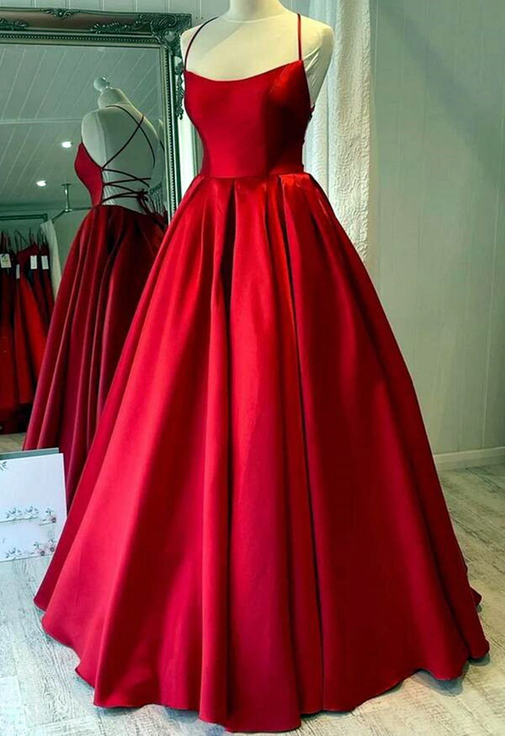 Women Spaghetti Strap Satin Prom Dresses Long A-line Evening Party Gowns Sleeveless Formal Dress Yp059