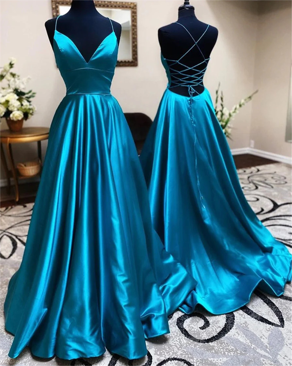 Women V Neck Satin Prom Dresses Long A-line Evening Party Gowns Sleeveless Formal Dress Yp071