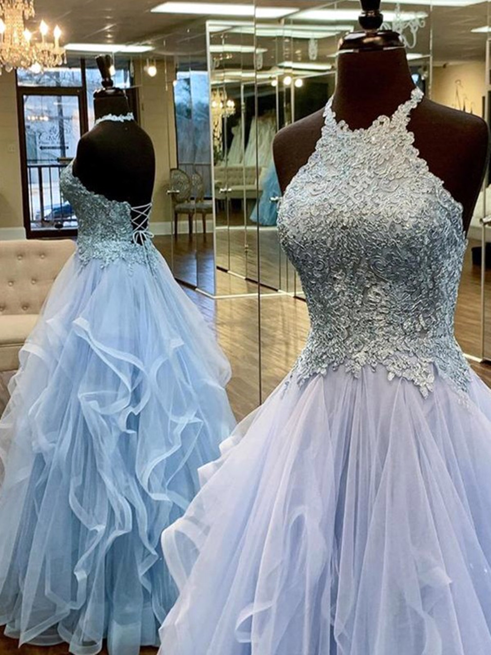 Women Tulle Applique Prom Dresses Long Halter Lace Evening Party Gowns Sleeveless Formal Dress Yp073