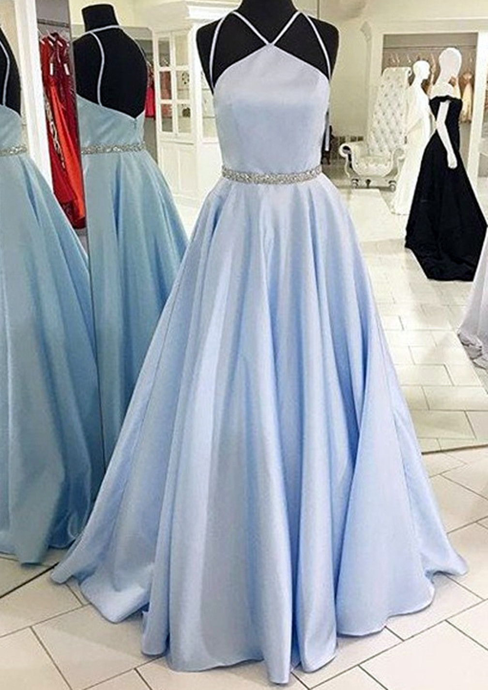 Women A-line/princess Satin Prom Dresses Long Halter Evening Party Gowns Sleeveless Formal Dress Yp081