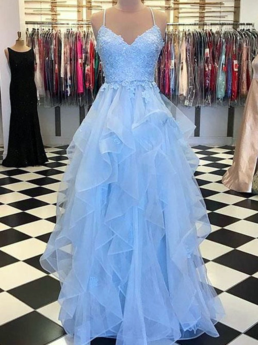 Women A-line/princess Lace Prom Dresses Long Spaghetti Straps Appliques Evening Party Gowns Sleeveless Formal Dress Yp082