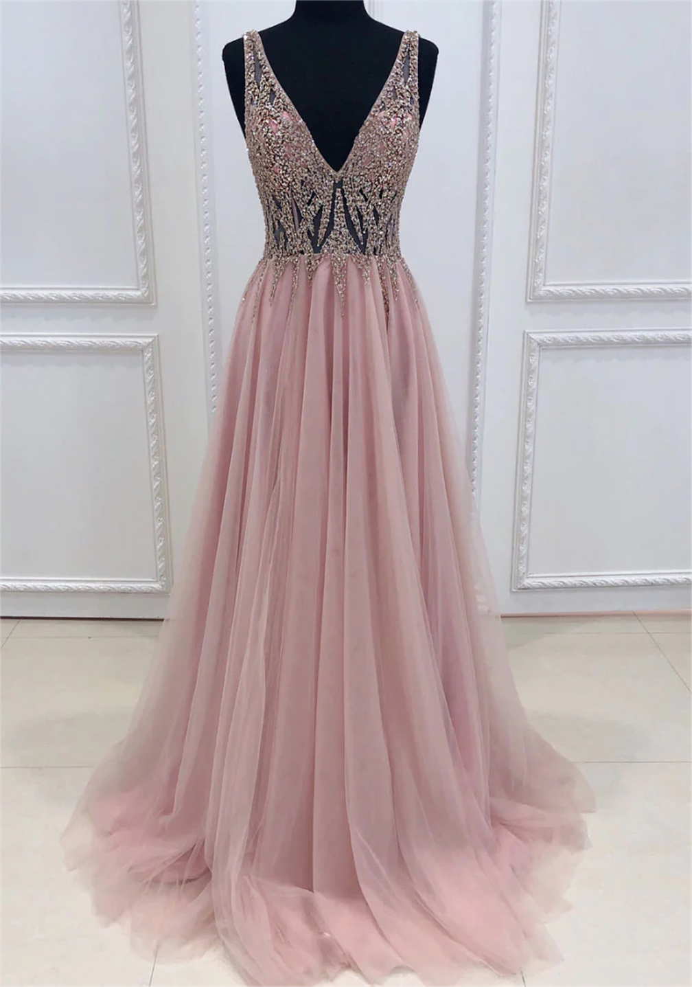 Women A-line Beadings Prom Dresses Long Tulle Beaded Evening Party Gowns Sleeveless Formal Dress Yp094