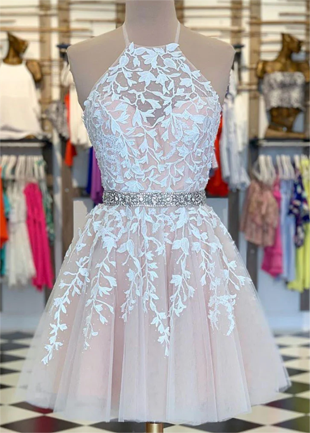 Women Cute Tulle Lace Prom Dress Short A-line Appliques Homecoming Dress Sleeveless Cocktail Party Gowns Yp106