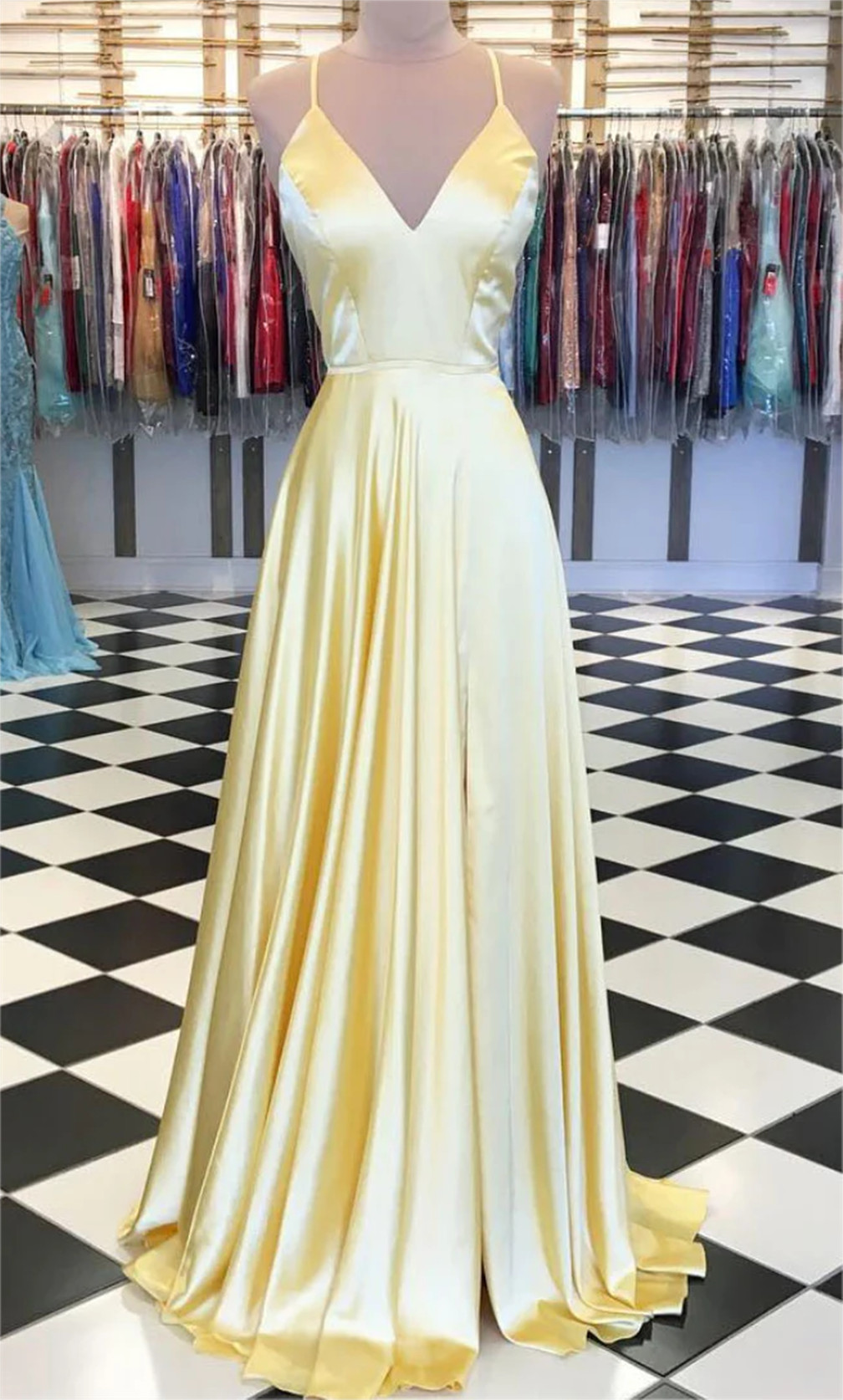 Women A-line Satin Prom Dresses Long V-neck Evening Party Gowns Sleeveless Formal Dress Yp117