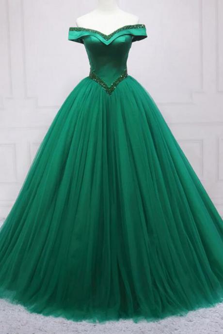 Women A-line Beaded Prom Dresses Long V-neck Evening Gowns Tulle Formal Party Dress Yp010