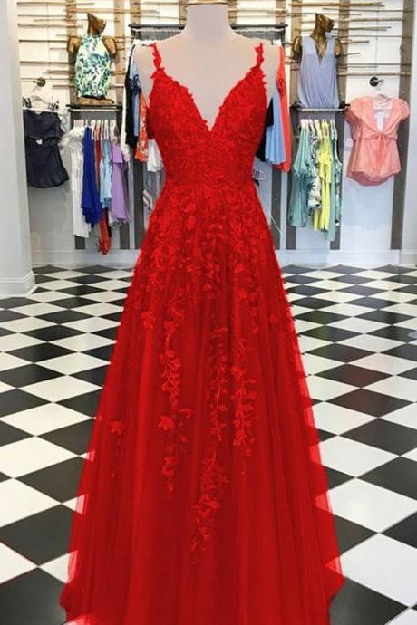 Women A-line/princess Lace Prom Dresses Long V-neck Appliques Evening Gowns Sleeveless Formal Party Dress Yp014