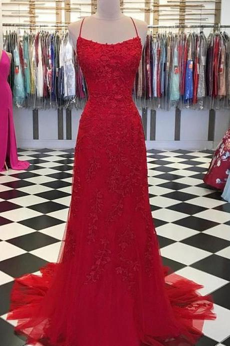 Women A-line/princess Lace Prom Dresses Long Appliques Spaghetti Straps Evening Gowns Sleeveless Formal Party Dress Yp016