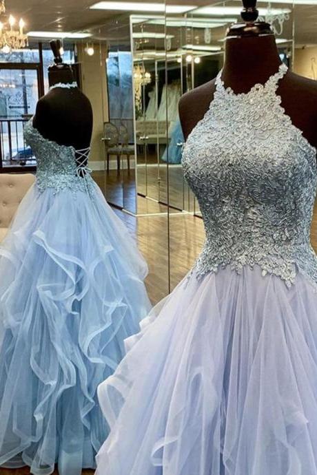 Women A-line/princess Tulle Prom Dresses Long Appliques Evening Gowns Halter Sleeveless Formal Party Dress Yp017