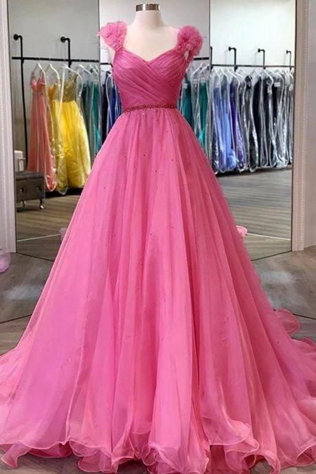 Women A-line/princess Prom Dresses Long Organza V-neck Evening Gowns Sleeveless Formal Party Dress Yp020