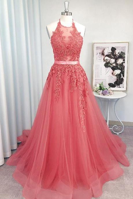 Women A-line/princess Appliques Prom Dresses Long Lace Halter Evening Gowns Sleeveless Formal Party Dress Yp022