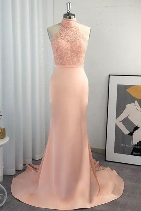 Women Trumpet/mermaid Lace Prom Dresses Long Halter Appliques Evening Gowns Sleeveless Formal Party Dress Yp025