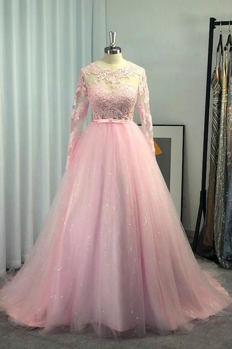 Women Tulle Lace Prom Dresses Long Sleeves Evening Gowns Appliques Formal Party Dress Yp026