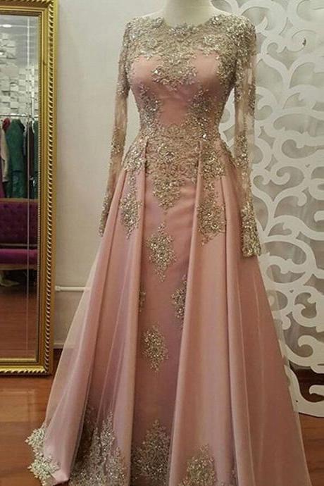 Women A-line/princess Lace Prom Dresses Long Sleeves Evening Gowns Appliques Formal Party Dress Yp027