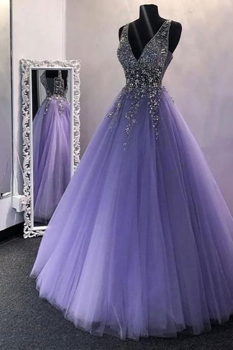 Women A-line/princess Tulle Beading Prom Dresses Long Sleeveless Evening Gowns V-neck Formal Party Dress Yp033
