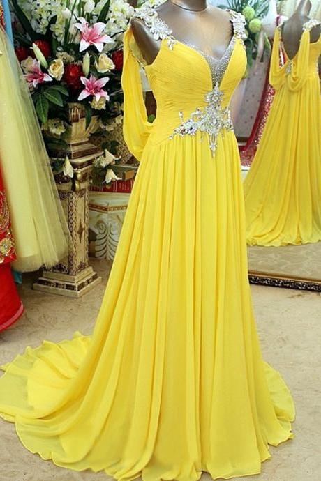 Women A-line/princess Chiffon Prom Dresses Long Beading Sleeveless Evening Gowns V-neck Formal Party Dress Yp034