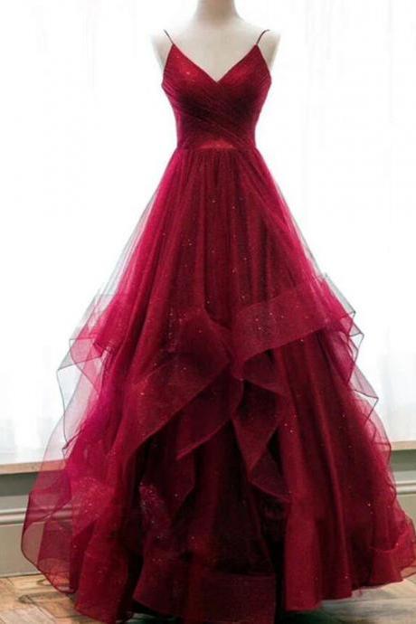 Women V-neck Tulle Prom Dresses Long A-line Evening Party Gowns Sleeveless Formal Dress Yp038