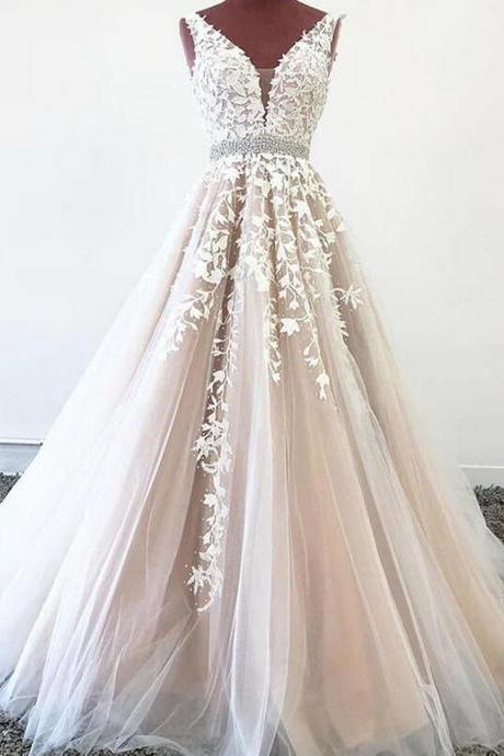 Women V-neck Tulle Lace Prom Dresses Long A-line Appliques Evening Party Gowns Sleeveless Formal Dress Yp040