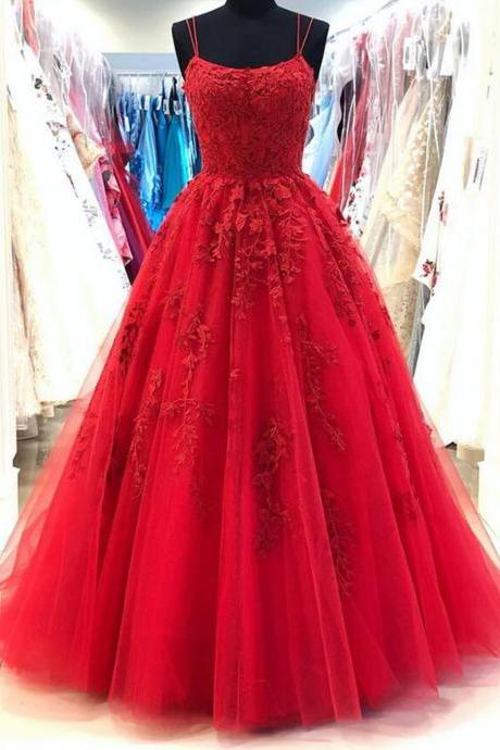 Women Tulle Lace Prom Dresses Long A-line Appliques Evening Party Gowns Sleeveless Formal Dress Yp044