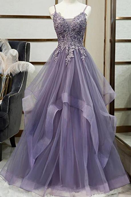 Women Tulle Lace Prom Dresses Long A-line Appliques Evening Party Gowns Sleeveless Formal Dress Yp045
