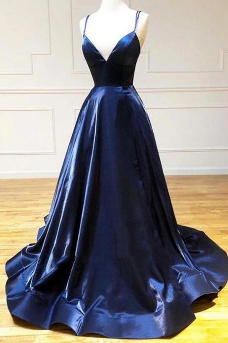 Women V-neck Satin Prom Dresses Long A-line Evening Party Gowns Sleeveless Formal Dress Yp046
