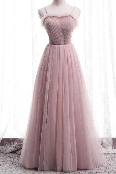 Women Spaghetti Strap Tulle Prom Dresses Long A-line Evening Party Gowns Sleeveless Formal Dress Yp048