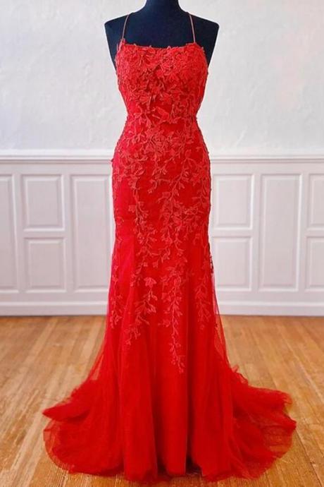 Women Spaghetti Strap Lace Prom Dresses Long Appliques Evening Party Gowns Sleeveless Formal Dress Yp052