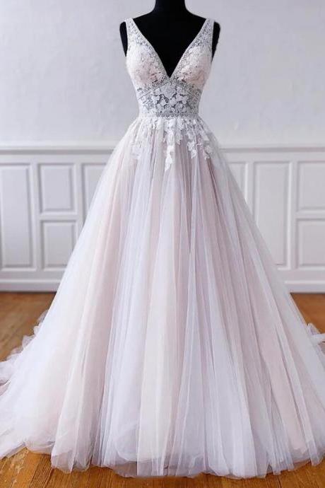 Women V-neck Tulle Lace Prom Dresses Long Appliques Evening Party Gowns Sleeveless Formal Dress Yp054