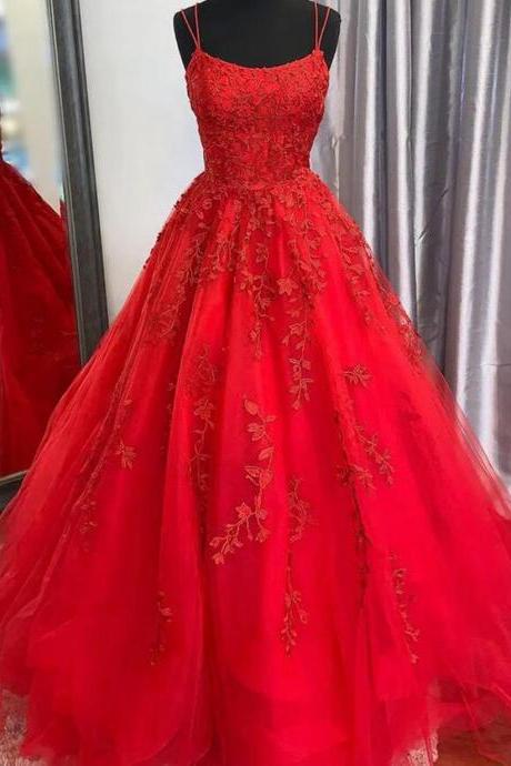 Women Spaghetti Strap Tulle Lace Prom Dresses Long Appliques Evening Party Gowns Sleeveless Formal Dress Yp056