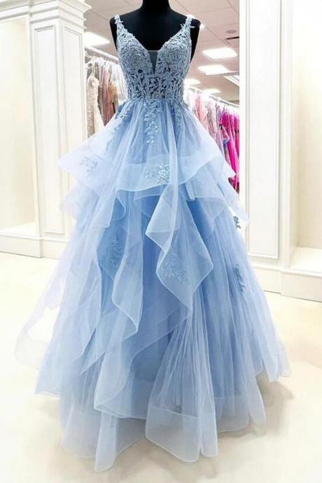 Women Tulle Lace Prom Dresses Long V-neck Appliques Evening Party Gowns Sleeveless Formal Dress Yp062