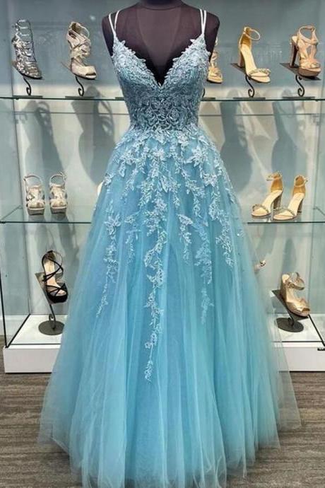 Women Tulle Lace Prom Dresses Long V-neck Appliques Evening Party Gowns Sleeveless Formal Dress Yp063