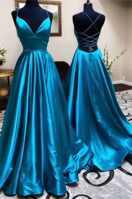 Women V Neck Satin Prom Dresses Long A-line Evening Party Gowns Sleeveless Formal Dress Yp071