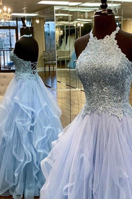Women Tulle Applique Prom Dresses Long Halter Lace Evening Party Gowns Sleeveless Formal Dress Yp073
