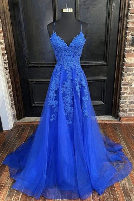 Women Tulle Applique Prom Dresses Long A-line/princess Lace Evening Party Gowns Sleeveless Formal Dress Yp075