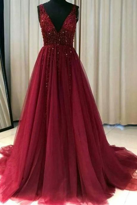 Women A-line/princess Prom Dresses Long V-neck Evening Party Gowns Sleeveless Formal Dress Yp076
