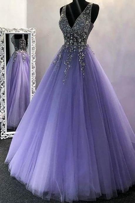 Women A-line Beadings Prom Dresses Long V-neck Beaded Evening Party Gowns Sleeveless Formal Dress Yp079