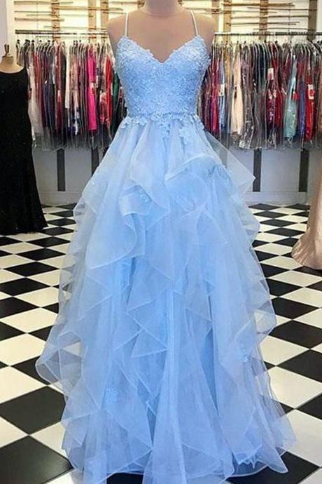 Women A-line/princess Lace Prom Dresses Long Spaghetti Straps Appliques Evening Party Gowns Sleeveless Formal Dress Yp082