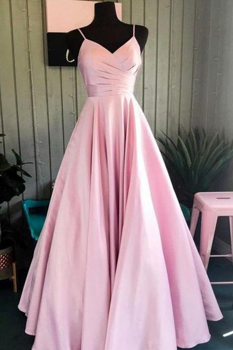 Women A-line/princess Satin Prom Dresses Long Spaghetti Straps Evening Party Gowns Sleeveless Formal Dress Yp085