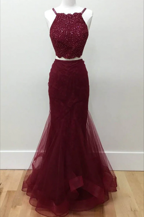 Women Mermaid Tulle Beadings Prom Dresses Long Two Pieces Appliques Evening Party Gowns Sleeveless Formal Dress Yp086