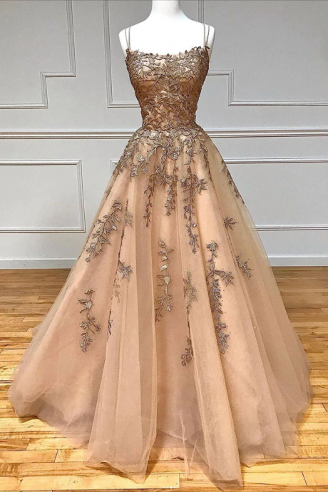 Women A-line Tulle Lace Prom Dresses Long Appliques Evening Party Gowns Sleeveless Formal Dress Yp087