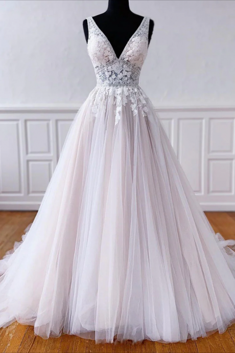 Women A-line Lace Prom Dresses Long Tulle Appliques Evening Party Gowns Sleeveless Formal Dress Yp093