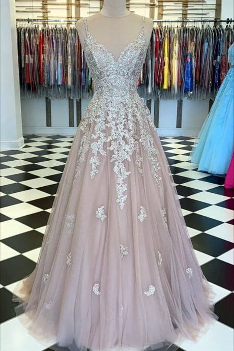 Women A-line Lace Prom Dresses Long Tulle Appliques Evening Party Gowns Sleeveless Formal Dress Yp095