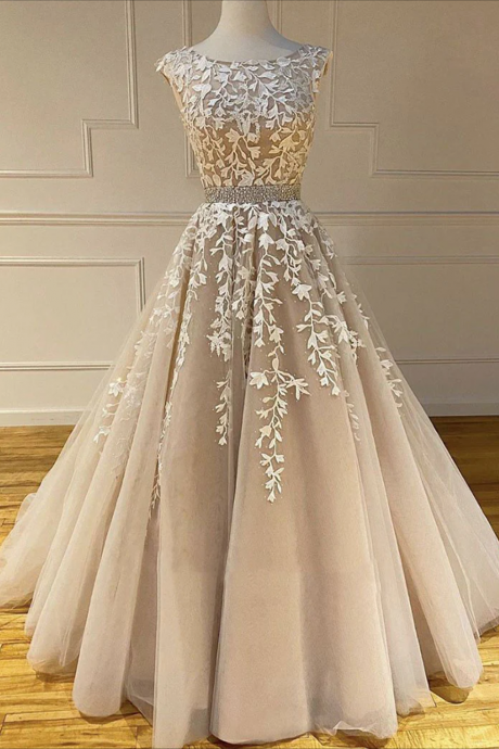 Women A-line Tulle Lace Prom Dresses Long Appliques Evening Party Gowns Sleeveless Formal Dress Yp103